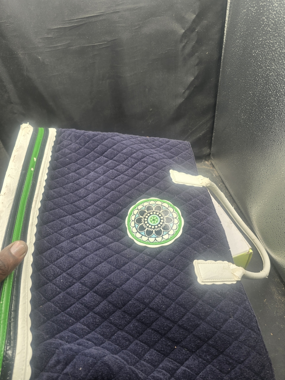 Vera Bradley Navy Quilted Tote with Green Medallion and White Trim